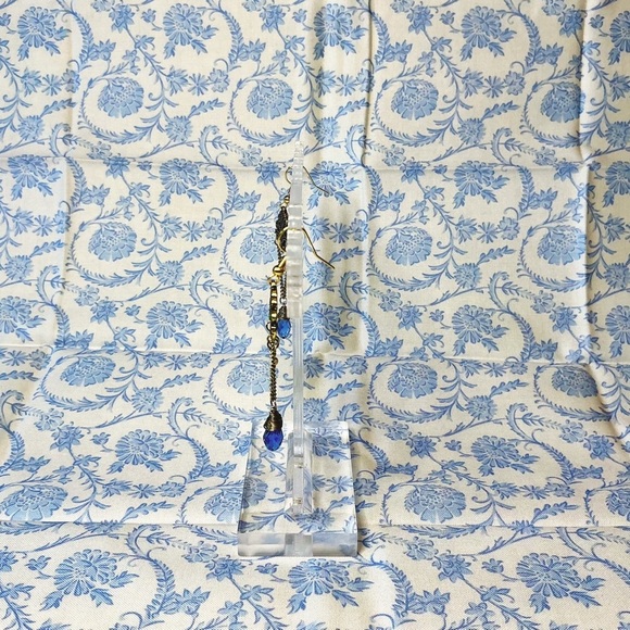 Antique Gold Blue Gemstone Green Crystal Teardrop Dangle Earrings Hand Crafted - Picture 6 of 9